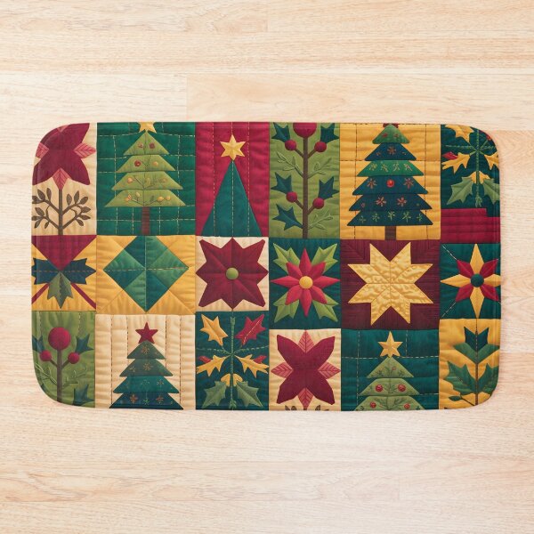 Item preview, Vibrant Quilt Art Christmas Pattern Throw Pillow & Blanket: Traditional Holiday Motifs in Geometric Blocks designed and sold by ZyxDes.