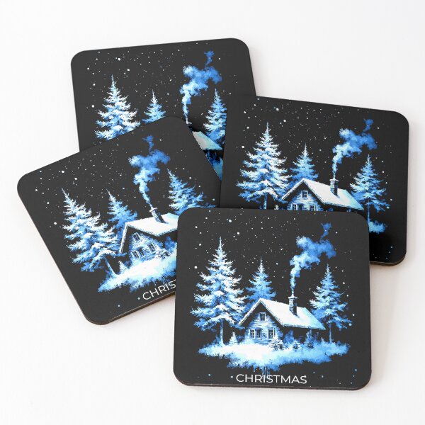 Item preview, Snowy Blue Cabin in a Christmas Forest designed and sold by VikArtStudio.