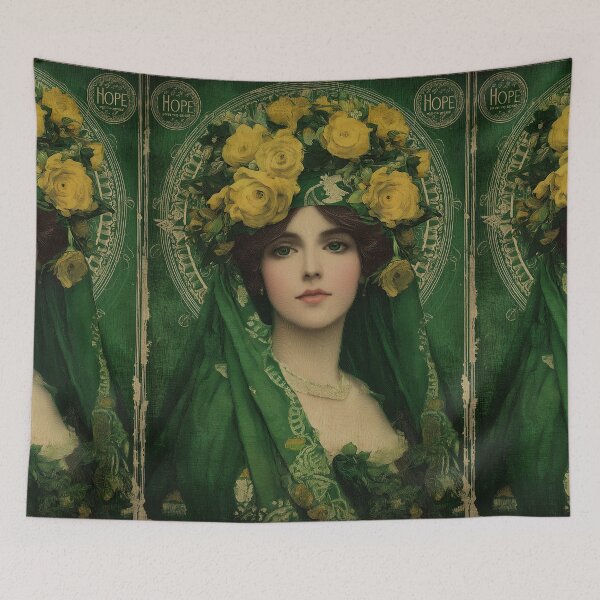 Item preview, A lady in a yellow rose wreath on green background. designed and sold by Piotrek0001.