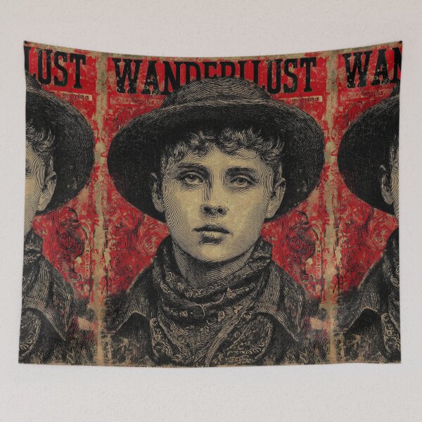 Item preview, Young traveler in hat on red grunge background designed and sold by Piotrek0001.