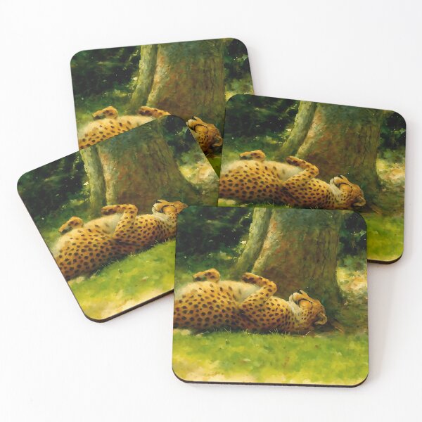 Item preview, A cheetah relaxes on its back against a tree in a lush green setting. designed and sold by M.ALK.Watercolor.