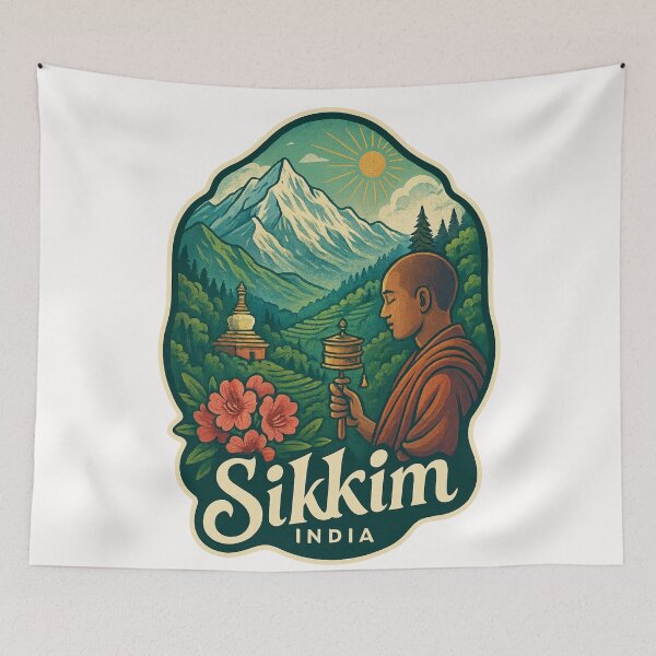 Item preview, Sikkim Himalayas with Buddhist Monk and Stupa designed and sold by Places On Earth.