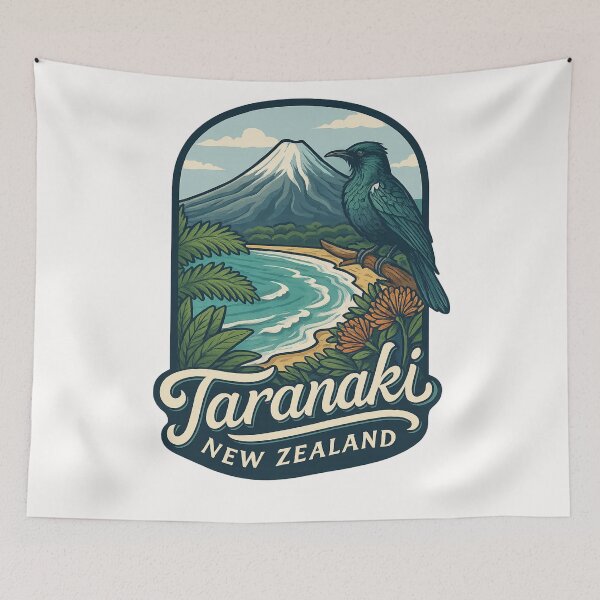 Item preview, Taranaki Coast with Mount Taranaki and Tui Bird designed and sold by Places On Earth.