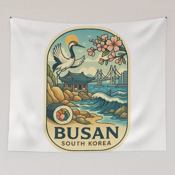 Item preview, Busan Coastal Temple with Gwangan Bridge and Cherry Blossoms designed and sold by Places On Earth.