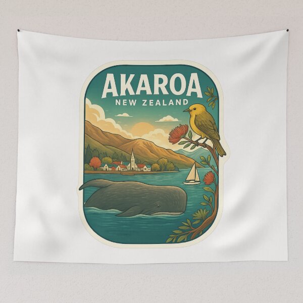 Item preview, Akaroa Bay with Sperm Whale and Banks Peninsula Hills designed and sold by Places On Earth.