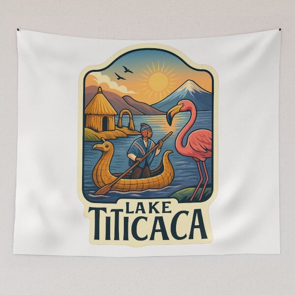 Item preview, Lake Titicaca Shores with Flamingo and Totora Canoe designed and sold by Places On Earth.