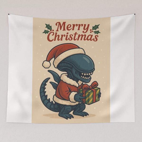 Item preview, Santa-Clad Xenomorph Creature with Christmas Gift designed and sold by Places On Earth.