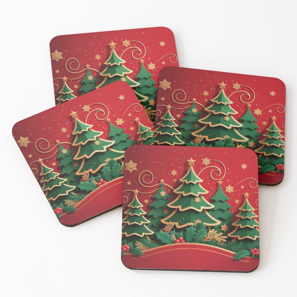 Item preview, Christmas Greeting Card Paper-Cut   Stylized Evergreen Trees & Swirling Snowflakes on Rich Red Background designed and sold by ZyxDes.
