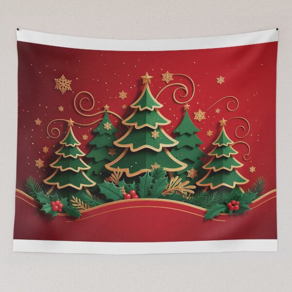 Item preview, Christmas Greeting Card Paper-Cut   Stylized Evergreen Trees & Swirling Snowflakes on Rich Red Background designed and sold by ZyxDes.