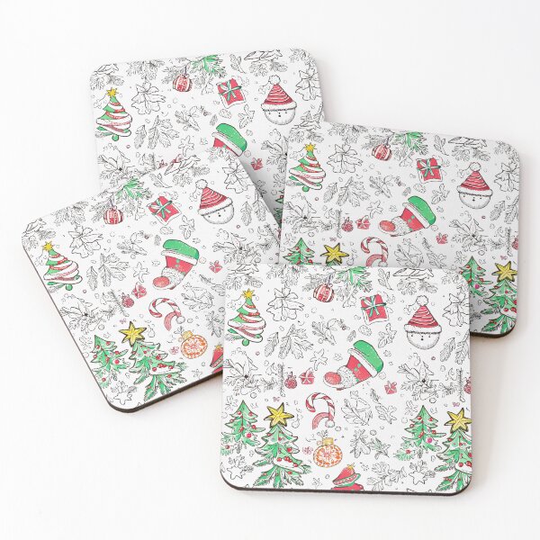 Item preview, christmas doodle pattern with colorful winter elements on white background designed and sold by SassyArtistry.
