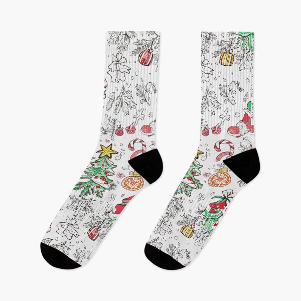Item preview, christmas doodle pattern with colorful winter elements on white background designed and sold by SassyArtistry.