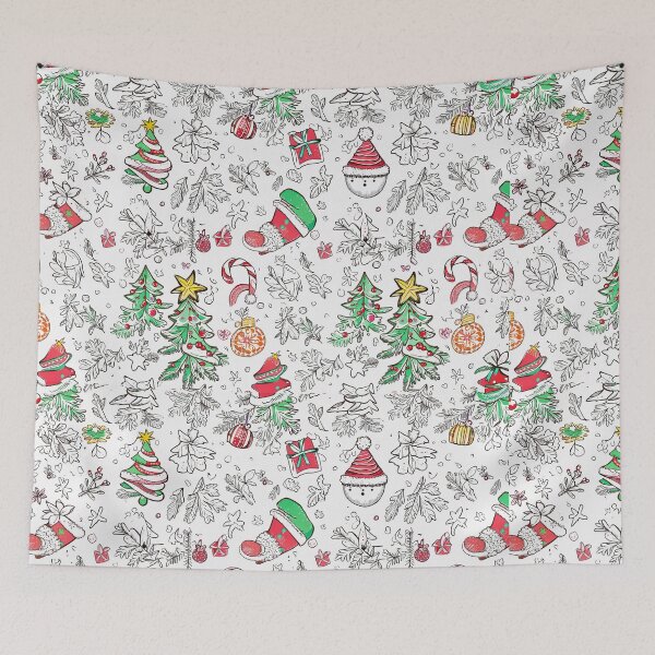 Item preview, christmas doodle pattern with colorful winter elements on white background designed and sold by SassyArtistry.