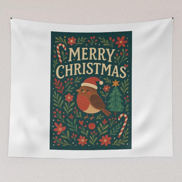 Item preview, Christmas Robin with Santa Hat and Evergreen Tree designed and sold by Aryabek.