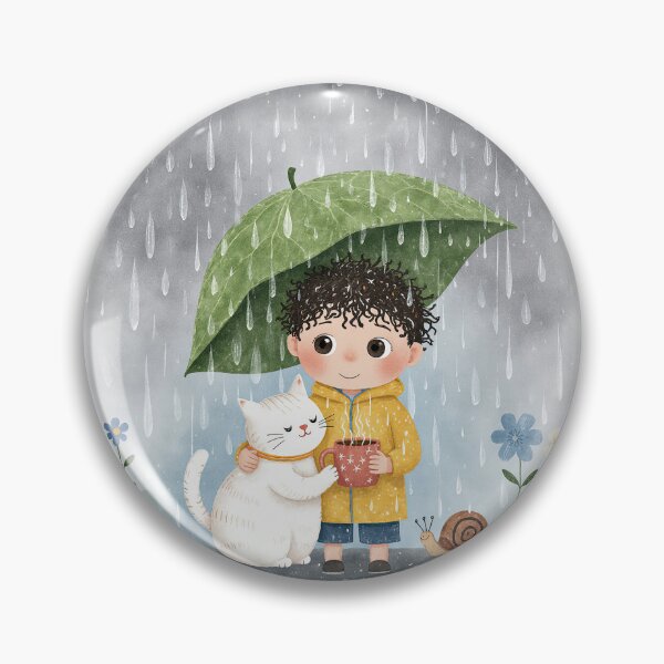 Item preview, Cozy Rainy Day Friends – Cute Boy & Cat Under Leaf Umbrella designed and sold by Whimsical Hug.