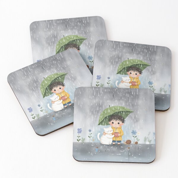 Item preview, Cozy Rainy Day Friends – Cute Boy & Cat Under Leaf Umbrella designed and sold by Whimsical Hug.