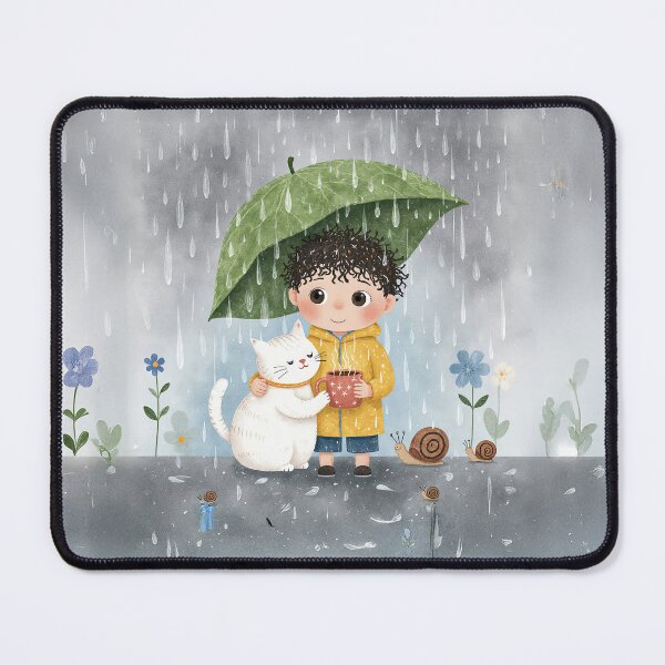 Item preview, Cozy Rainy Day Friends – Cute Boy & Cat Under Leaf Umbrella designed and sold by Whimsical Hug.