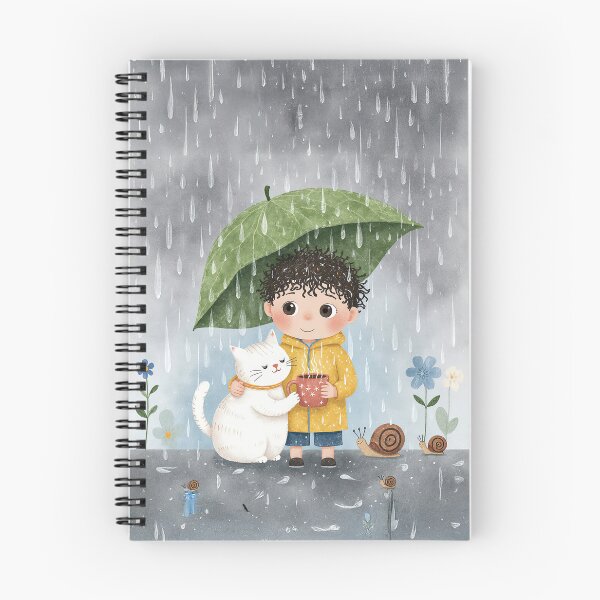 Item preview, Cozy Rainy Day Friends – Cute Boy & Cat Under Leaf Umbrella designed and sold by Whimsical Hug.