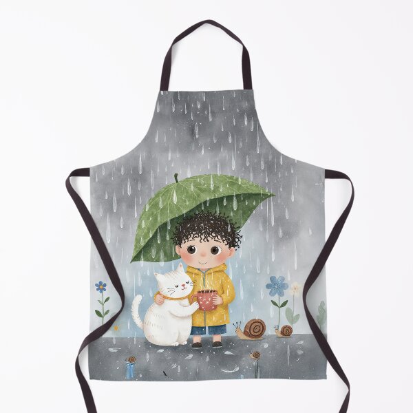 Item preview, Cozy Rainy Day Friends – Cute Boy & Cat Under Leaf Umbrella designed and sold by Whimsical Hug.