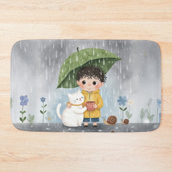 Item preview, Cozy Rainy Day Friends – Cute Boy & Cat Under Leaf Umbrella designed and sold by Whimsical Hug.