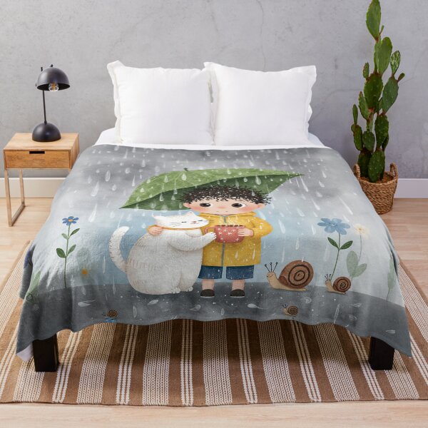 Item preview, Cozy Rainy Day Friends – Cute Boy & Cat Under Leaf Umbrella designed and sold by Whimsical Hug.