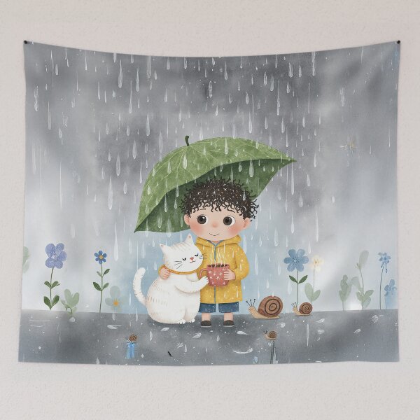 Item preview, Cozy Rainy Day Friends – Cute Boy & Cat Under Leaf Umbrella designed and sold by Whimsical Hug.