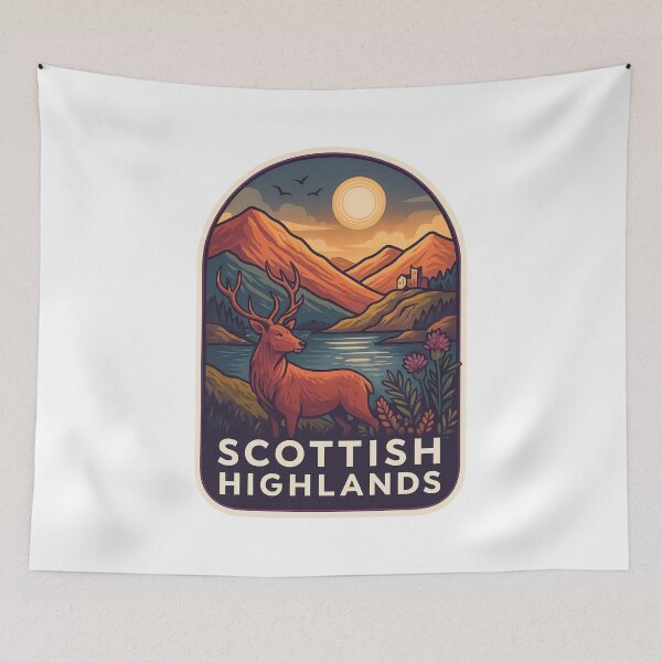 Item preview, Scottish Highlands Red Deer – Loch and Sunset Scene designed and sold by Aryabek.