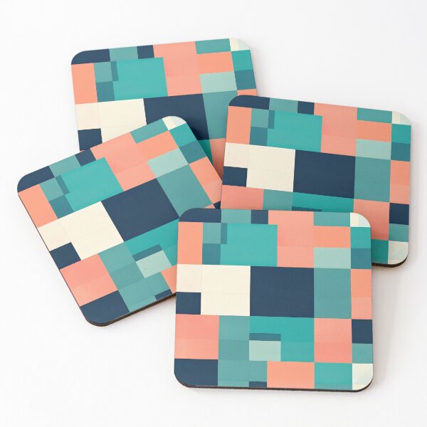 Item preview, Geometric retro blocks pattern in teal coral navy grid aesthetic designed and sold by SassyArtistry.