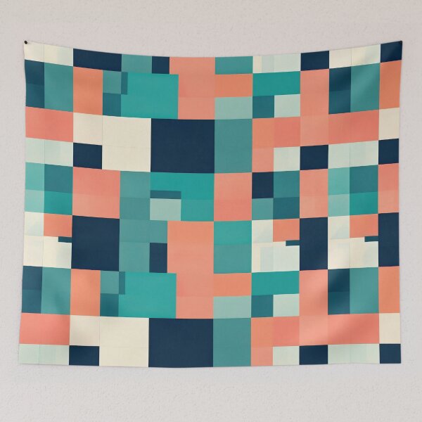 Item preview, Geometric retro blocks pattern in teal coral navy grid aesthetic designed and sold by SassyArtistry.