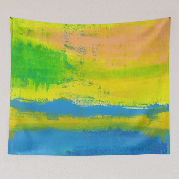 Artikelvorschau, 'Ein sonniger Tag' Gelbe Korallenblaue abstrakte Kunst entworfen und verkauft von Petra Lang.