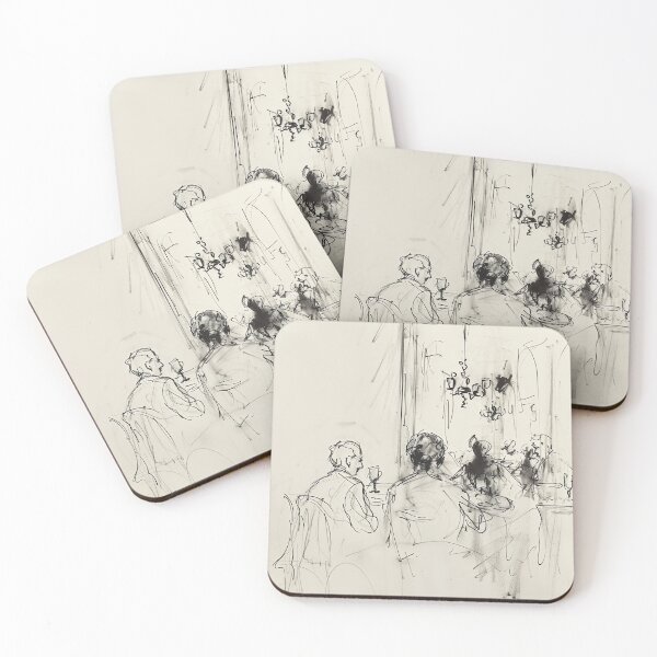 Item preview, Vintage Cozy Restaurant Interior — Warm Abstract Sketch with People designed and sold by SleekLineSketches.