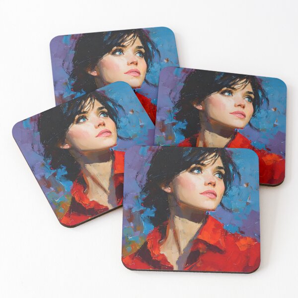 Item preview, Thoughtful Woman in Red with Abstract Blue-Purple Background designed and sold by daila70.