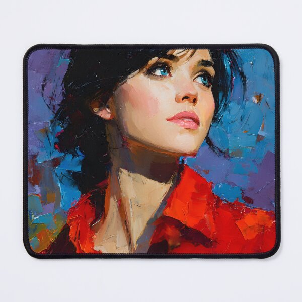 Item preview, Thoughtful Woman in Red with Abstract Blue-Purple Background designed and sold by daila70.