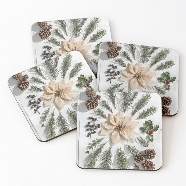 Item preview, Winter Botanical Collage – Dried White Poinsettia Pine Fir Pinecones designed and sold by EmeraldeaArt.