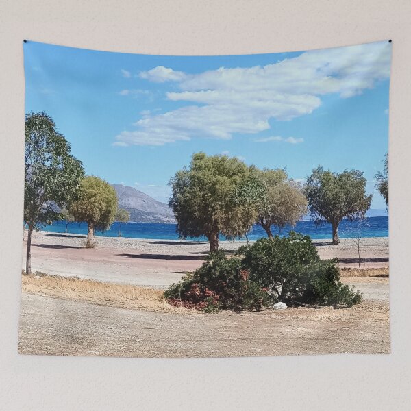 Item preview, Secluded beach with deep blue sea and mountains designed and sold by TheArtofHeart.