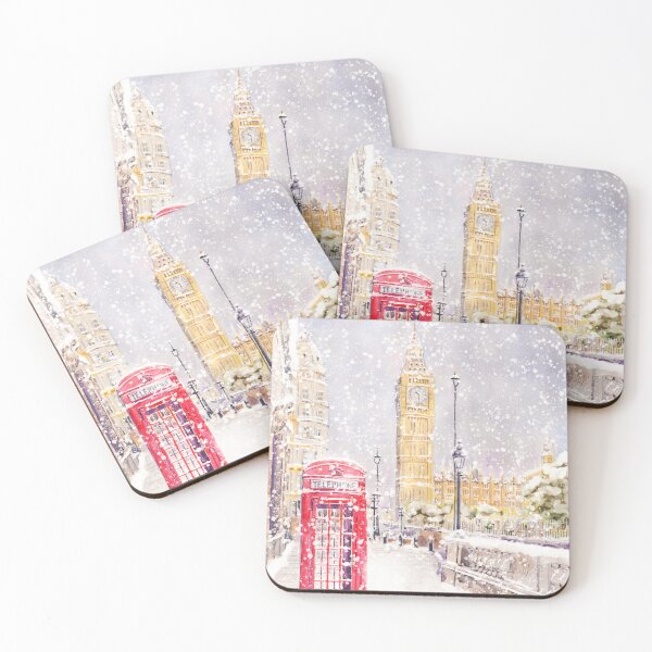 Item preview, Big Ben and red telephone booth in snow watercolour painting  designed and sold by ColorandColor.