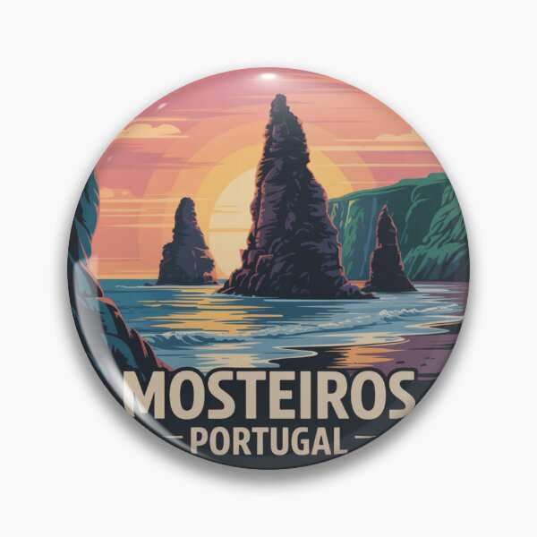 Item preview, Mosteiros Sunset Rocks - Azores Portugal Vintage Coastal Landscape Badge designed and sold by CircinusStore.