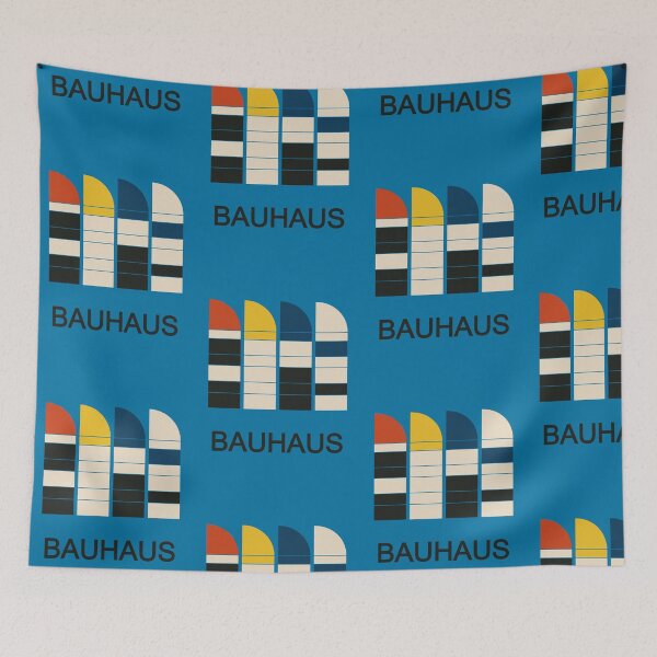 Item preview, Bauhaus Inspired Geometric Color Blocks Poster With Blue Background And Bold Arches designed and sold by portokalis.