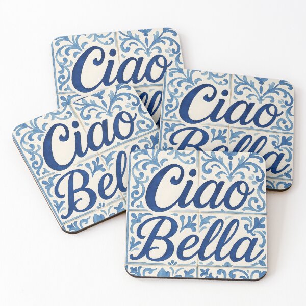 Item preview, Ciao Bella – Blue Watercolor Text on Italian Tile Pattern designed and sold by EmeraldeaArt.