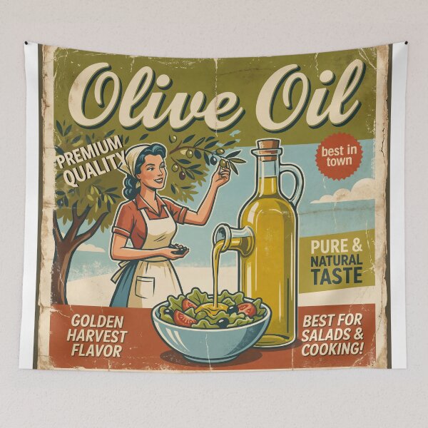 Item preview, Golden Harvest – Retro Olive Oil Ad with Mediterranean Charm designed and sold by ForeverPrintsOK.