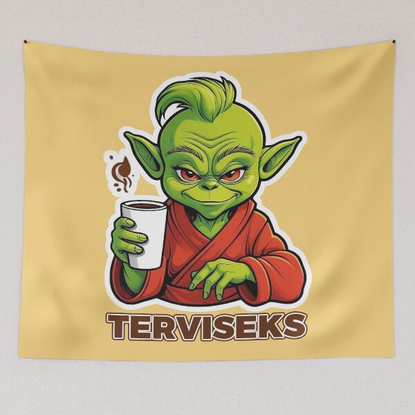 Item preview, Terviseks – Funny Green Creature Toasting with Coffee designed and sold by JaaGo PopLab.