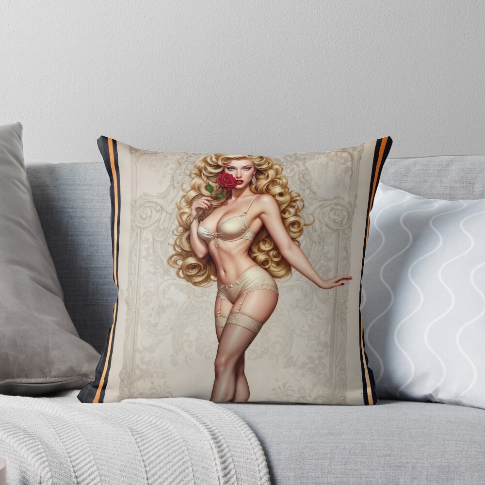 Vintage Pinup Portrait Of Lady Lyrianne de Valois Captivating AI Concept Art by Xzendor7 Decorative Art Print Throw Pillow