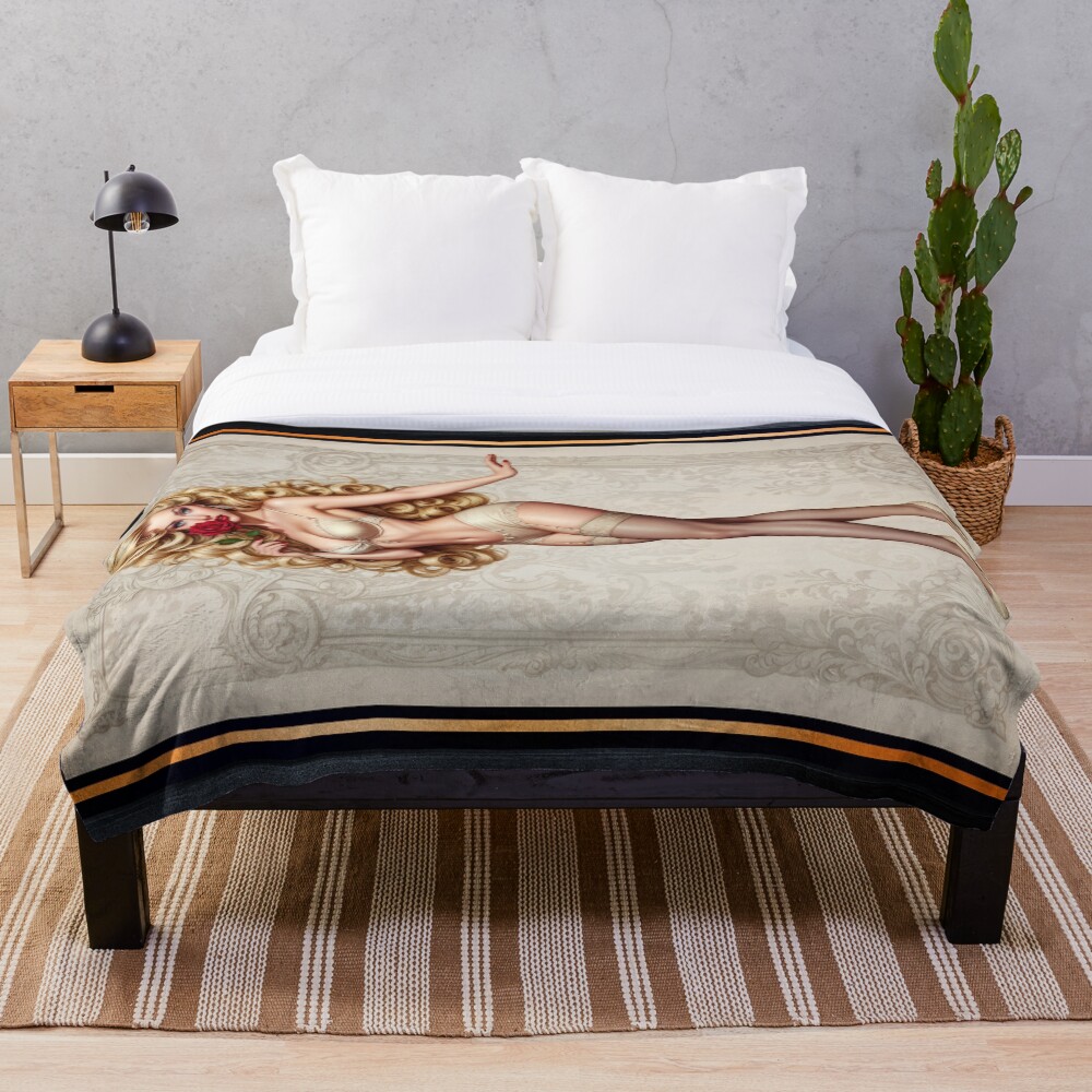 Vintage Pinup Portrait Of Lady Lyrianne de Valois Captivating AI Concept Art by Xzendor7 Decorative Art Print Throw Blanket