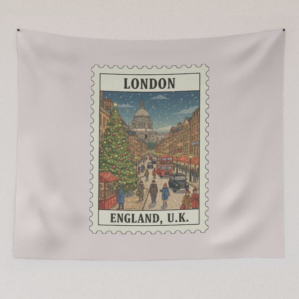 Item preview, Vintage London Holiday Street Scene Stamp Illustration designed and sold by allaboutstamps.