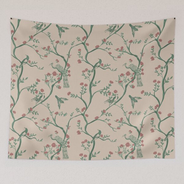 Item preview, Green Chinoiserie Toile Pattern – Vintage Bird & Floral Holiday Wallpaper Print | Christmas Botanical Art Repeat designed and sold by Jenn X Studio.