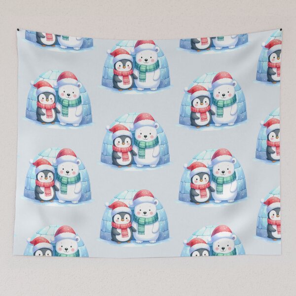 Item preview, Penguin and polar bear holding hands in front of the igloo at Christmas designed and sold by LiskoDesign.