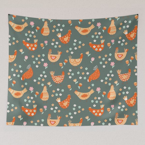 Item preview, Green and Orange Chickens | Floral Spring Pattern designed and sold by SpencerReedDes.