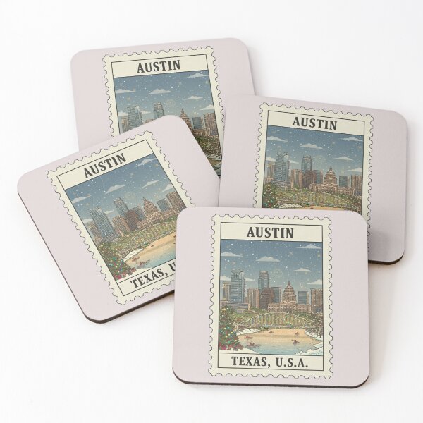 Item preview, Vintage Austin Texas Christmas Skyline Stamp Illustration designed and sold by allaboutstamps.