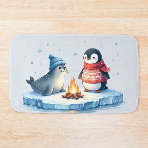 Item preview, Penguin and seal on an ice floe with a Christmas campfire designed and sold by LiskoDesign.