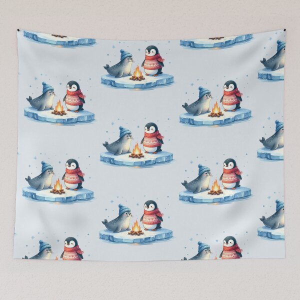 Item preview, Penguin and seal on an ice floe with a Christmas campfire designed and sold by LiskoDesign.