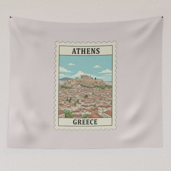 Item preview, Vintage Athens Greece Acropolis Travel Stamp Illustration designed and sold by allaboutstamps.
